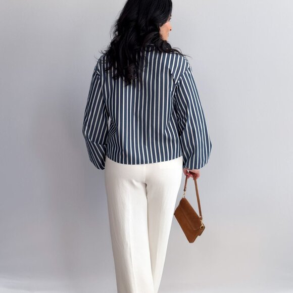 Women’s Striped Tie-Front Blouse – Navy/White, Collared Long Balloon Sleeve - Picture 3 of 10